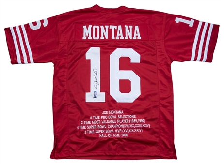Joe Montana Signed Custom Red San Francisco 49ers Stat Jersey (Montana Holo & FSC)